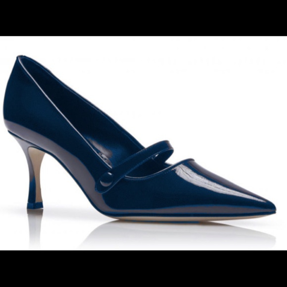 Authentic Manolo Blahnik ‘Mladari’ Navy Blue Patent  MaryJane Pump EU39